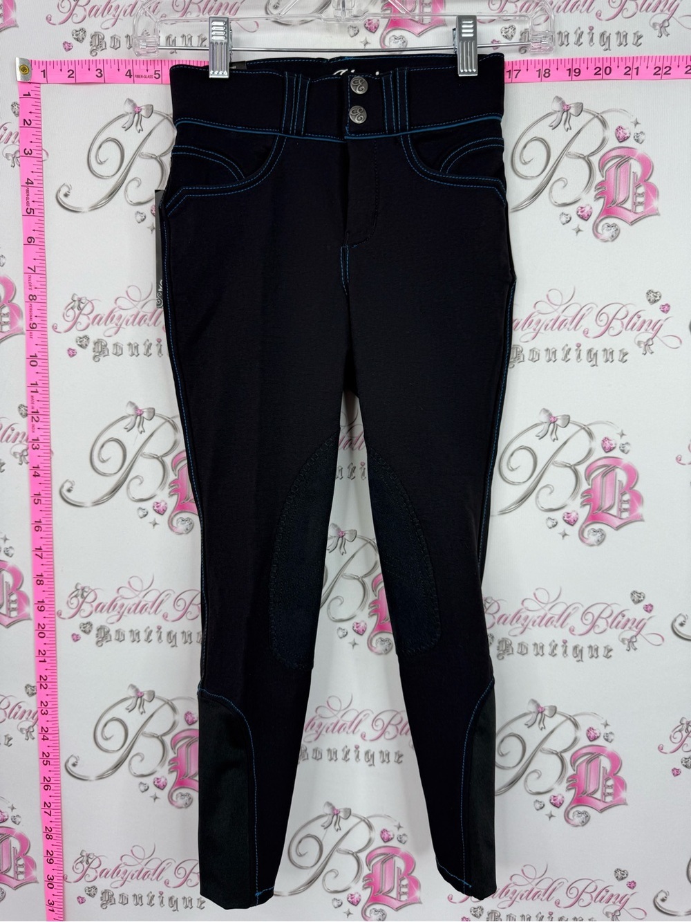 ELATION platinum Brooklyn CID Girls' Black Riding Leggings Blue Stitch Detail